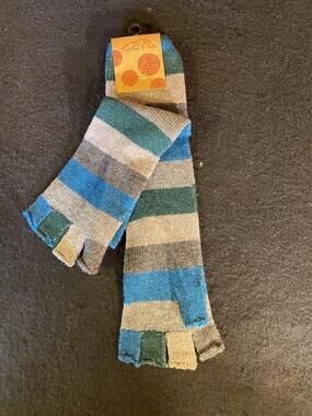 Tickled Pink Long Knit Gauntlets Fingerless Gloves Striped Blue Green